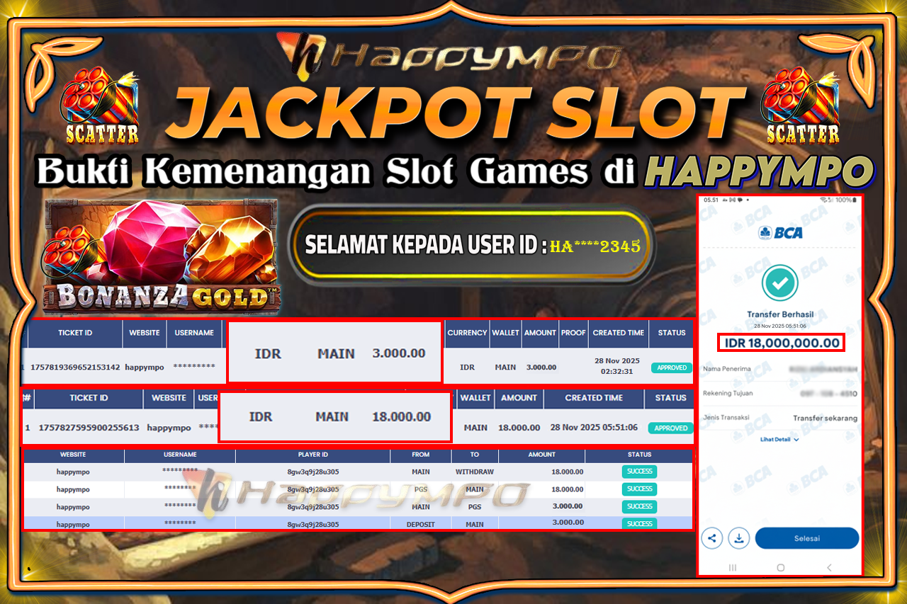 HAPPYMPO JACKPOT BONANZA GOLD Rp.18.000.000,- LUNAS